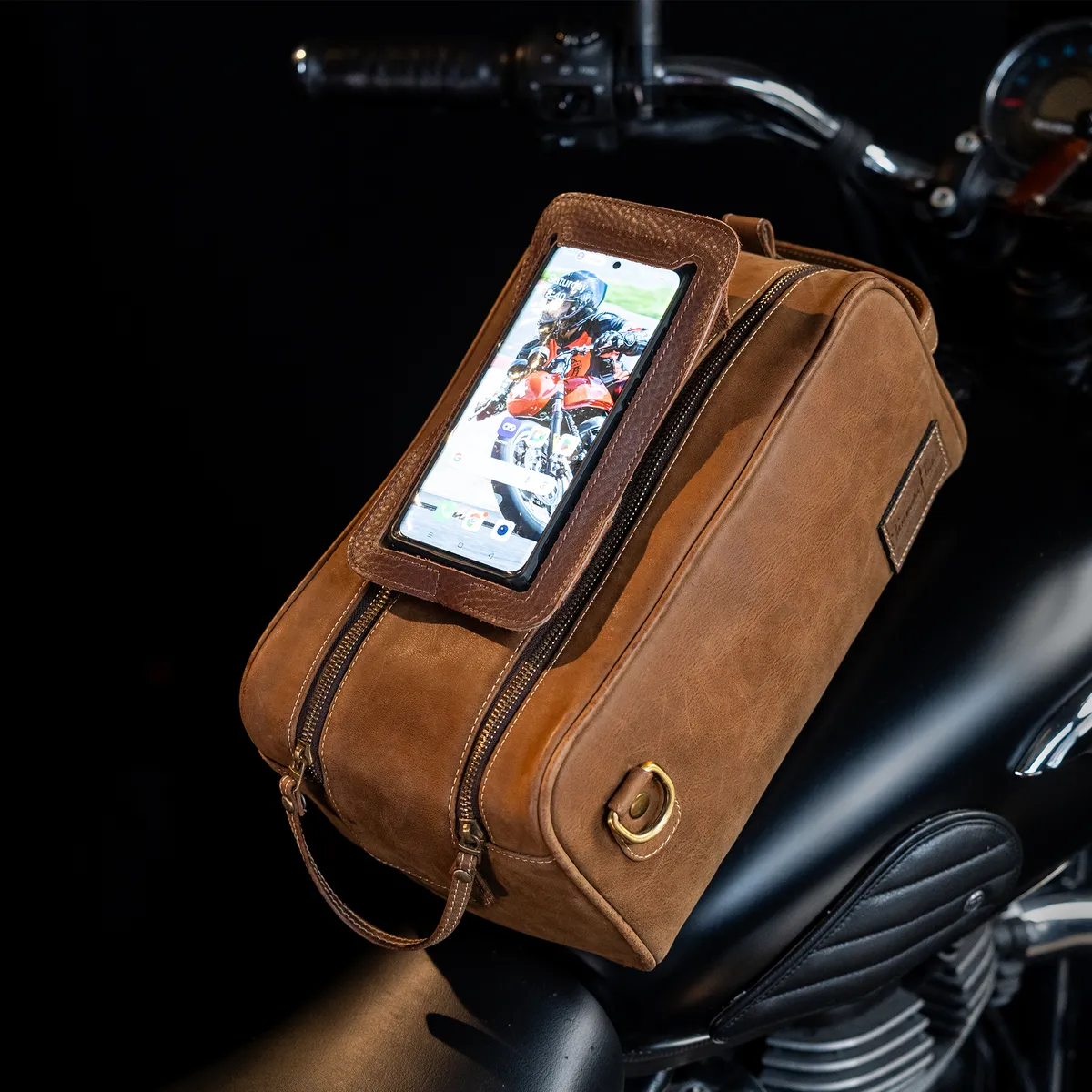 Tanners Pride Goliath Magnetic Motorcycle Tank Bag | Genuine Leather Touring Bag - Tobacco Brown Handcrafted Full-Grain Leather (View 12)