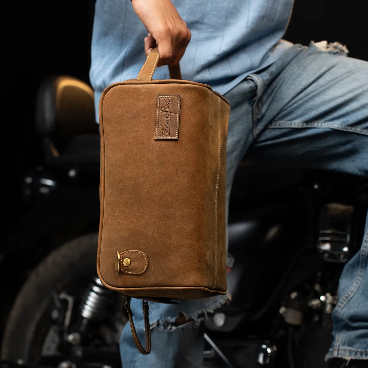 Tanners Pride Goliath Magnetic Motorcycle Tank Bag | Genuine Leather Touring Bag - Tobacco Brown Handcrafted Full-Grain Leather (View 9)
