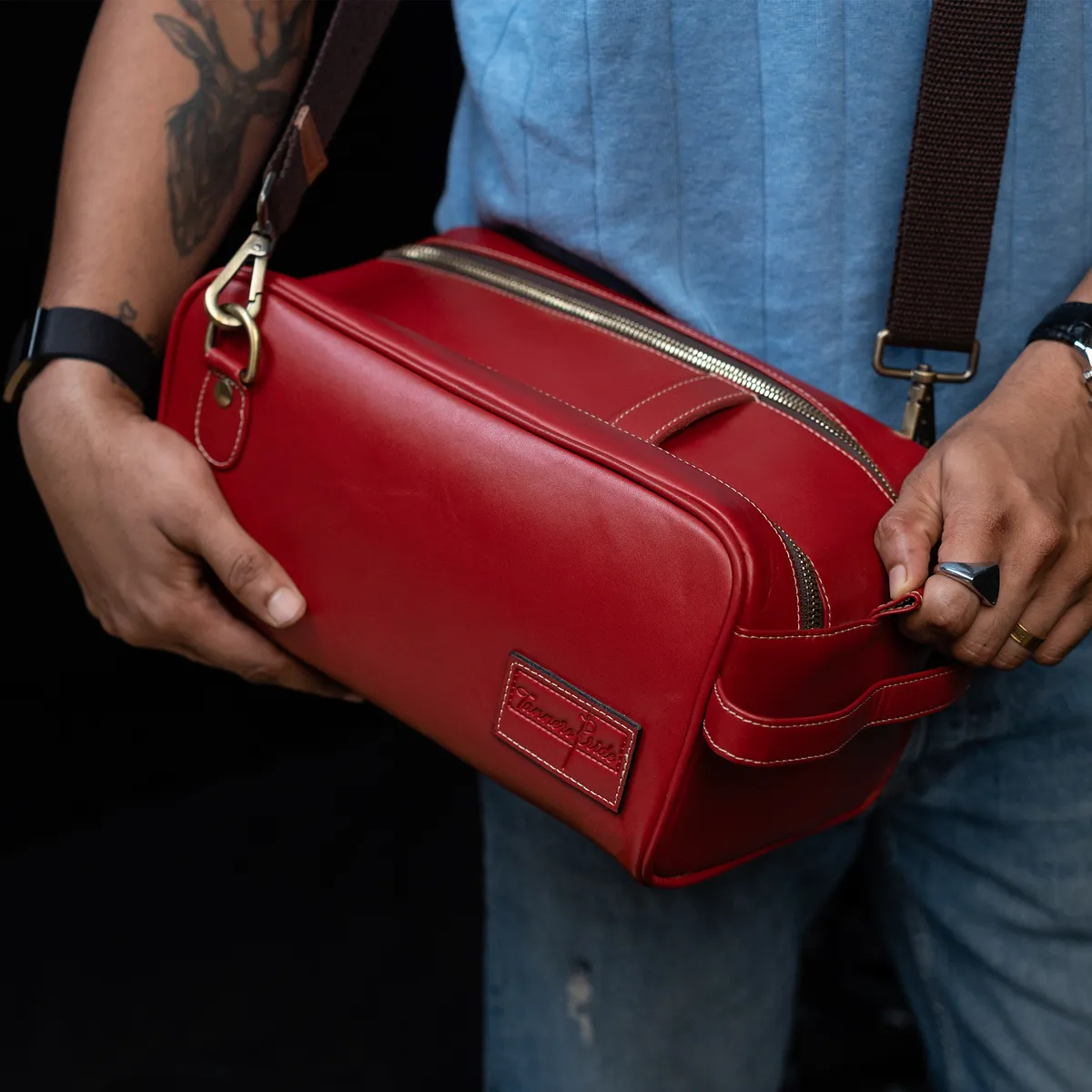 Tanners Pride Goliath Magnetic Motorcycle Tank Bag | Genuine Leather Touring Bag - Vintage Red Handcrafted Full-Grain Leather (View 10)