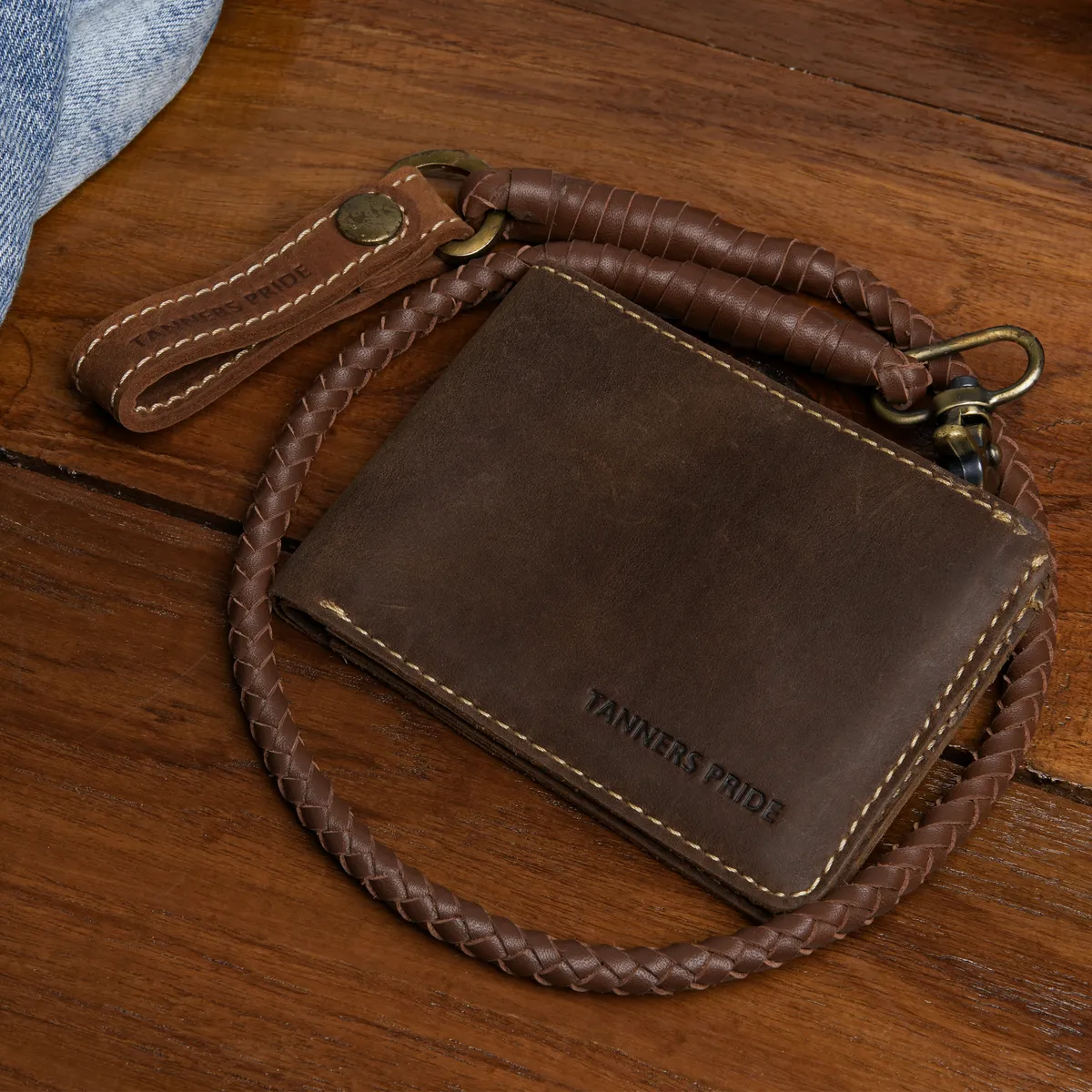 Tanners Pride Hunter Biker's Leather Wallet with Chain - Tobacco Brown Handcrafted Full-Grain Leather (View 2)