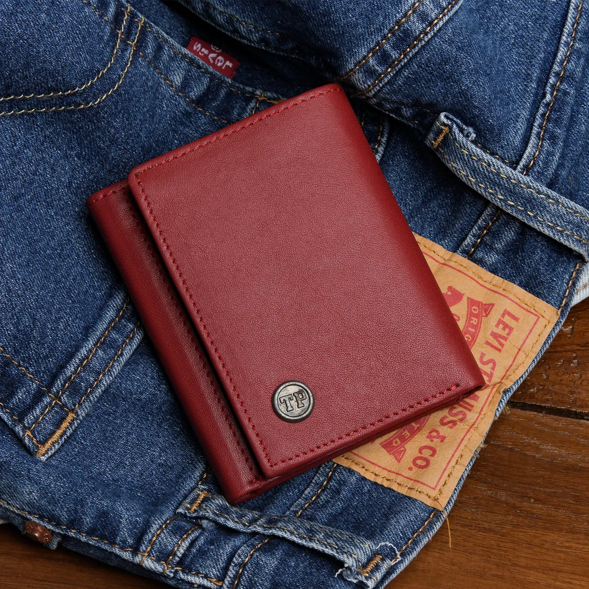 Tanners Pride Macon Genuine Leather RFID Wallet for Men | Tri-Fold Wallet - Vintage Red Handcrafted Full-Grain Leather (View 3)