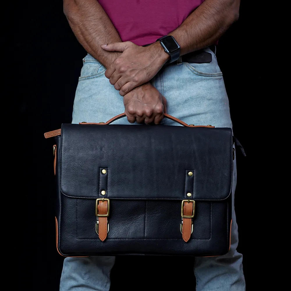 Tanners Pride Protector Genuine Leather Laptop Bag for Men | Office Briefcase - Black Tan Canvas Handcrafted Full-Grain Leather (View 10)