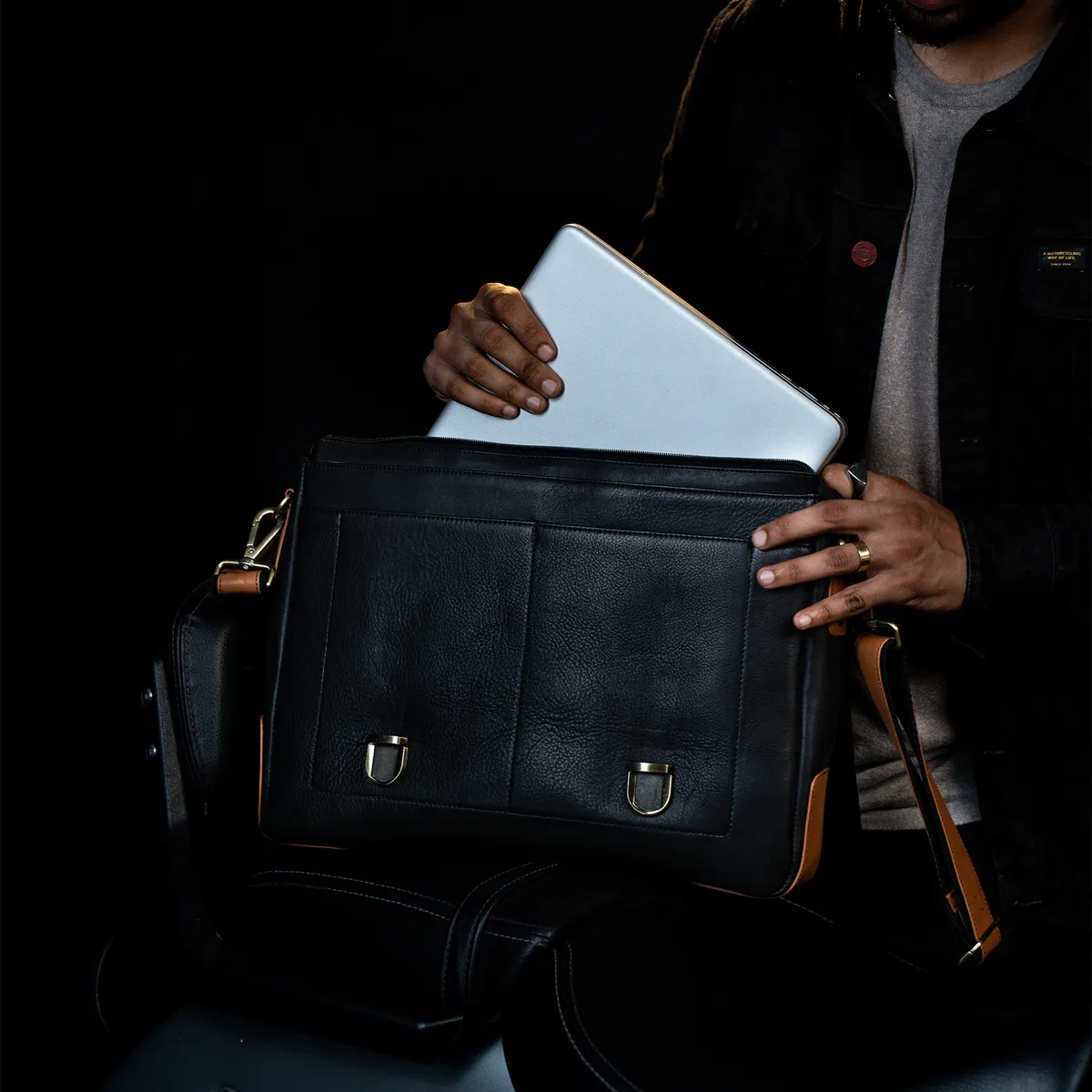 Tanners Pride Protector Genuine Leather Laptop Bag for Men | Office Briefcase - Black Tan Canvas Handcrafted Full-Grain Leather (View 11)