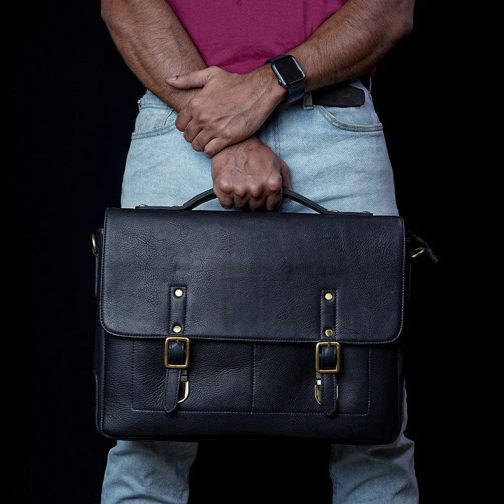 Tanners Pride Protector Genuine Leather Laptop Bag for Men | Office Briefcase - Midnight Black Handcrafted Full-Grain Leather (View 2)