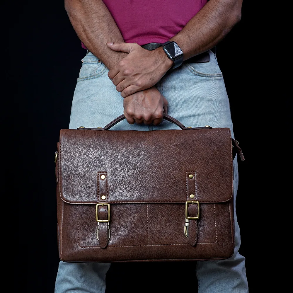 Tanners Pride Protector Genuine Leather Laptop Bag for Men | Office Briefcase - Tobacco Brown Handcrafted Full-Grain Leather (View 4)