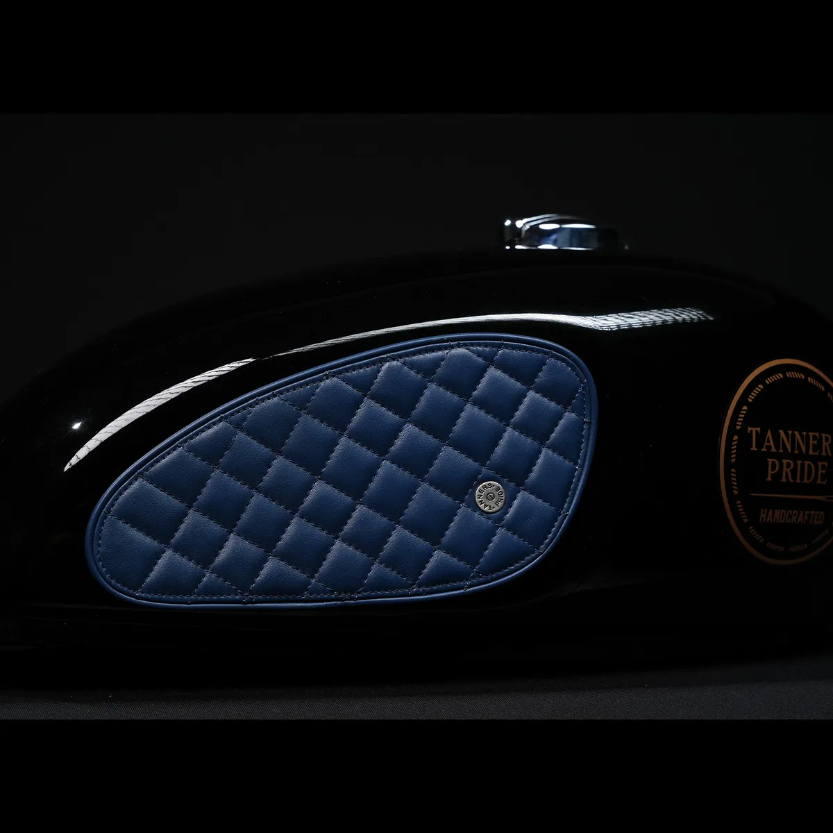Tanners Pride Raised Diamond Tankpads (Interceptor 650) - Navy Blue Handcrafted Full-Grain Leather (View 2)