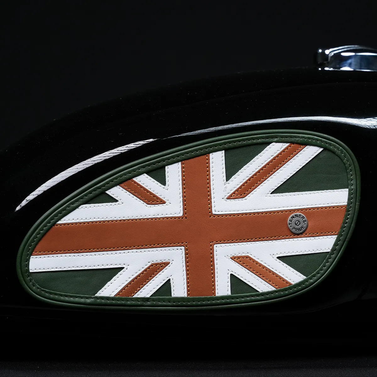 Tanners Pride Union Jack Tankpads (Interceptor 650) - Green Tan Combo Handcrafted Full-Grain Leather (View 2)